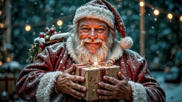 A cheerful and cunning Santa smiles charmingly and winks cheerfully