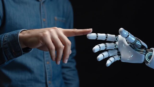 Human and robotic hands nearly touching in a futuristic gesture