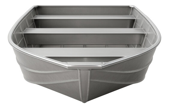 Flat-bottom aluminum boat with bench seats and transom mount.