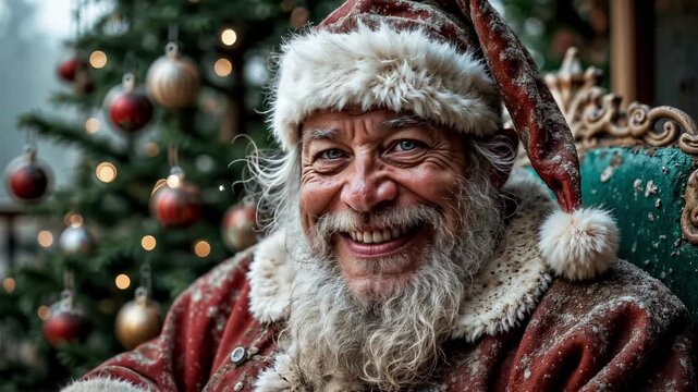 A cheerful and cunning Santa smiles charmingly and winks cheerfully