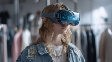 Immersive Reality Experience: A person wearing a virtual reality headset, lost in the digital realm. Exploring the fusion of technology and human experience.