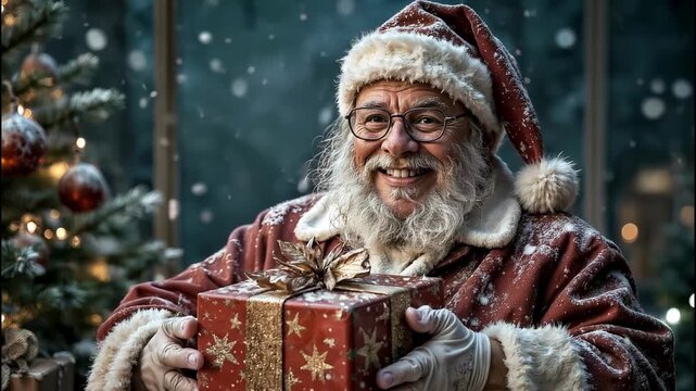 A cheerful and cunning Santa smiles charmingly and winks cheerfully
