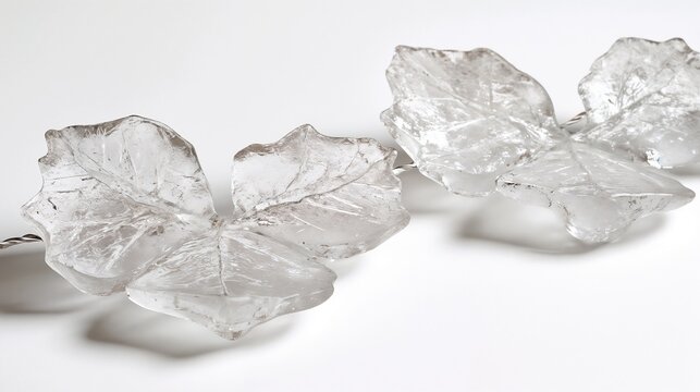 Artistic glass leaves with intricate details on a white background, bohemian christals