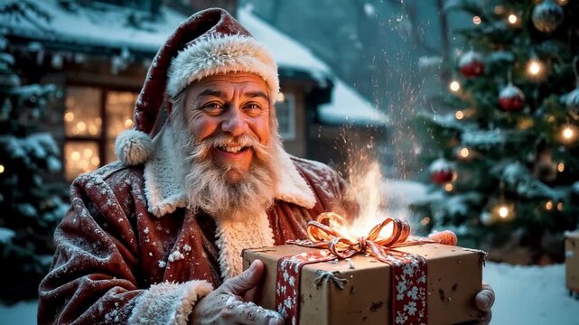 A cheerful and cunning Santa smiles charmingly and winks cheerfully