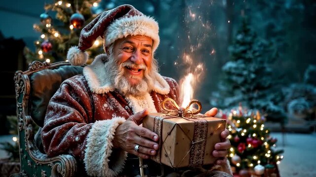 A cheerful and cunning Santa smiles charmingly and winks cheerfully