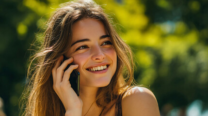 Joyful Connection: A radiant woman engages in a phone conversation, her face alight with a warm smile, set against the soft, diffused backdrop of nature.