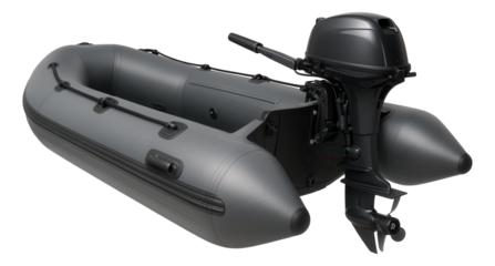 Inflatable boat featuring a sturdy transom and outboard motor attachment.