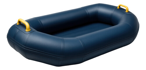 Reinforced inflatable raft with sturdy bow and stern handles.