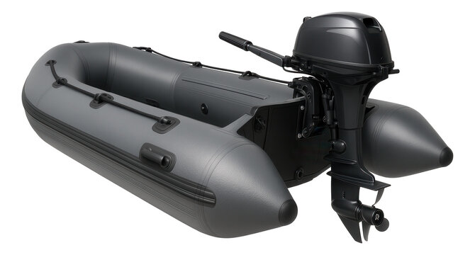 Inflatable boat featuring a sturdy transom and outboard motor attachment.