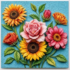 Colorful bouquet of sunflowers and roses on textured blue background  