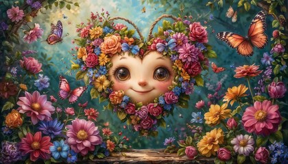 Childlike face with floral heart surrounded by colorful butterflies  