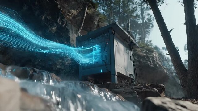 Medium shot of AI technology managing bandwidth in a remote wilderness setting emphasizing efficient communication in isolated areas through smart frequency control.