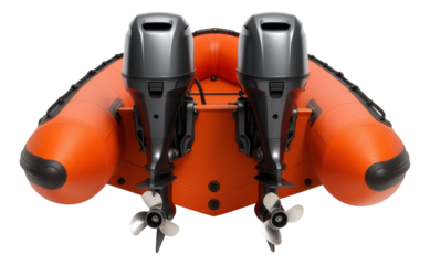Dual-engine inflatable rescue boat with reinforced front and rear.