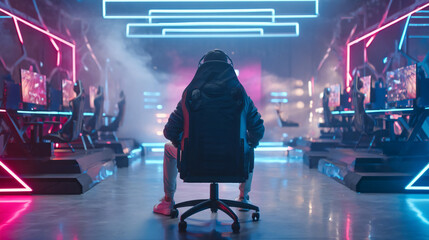 Digital Arena: a single player immerses in a neon-lit gaming arena, surrounded by monitors and an ambiance of technological thrill, captivated by the game and the virtual world.