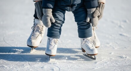 Child wearing ice skates with winter mood learning to skate on frozen rink background with copy space