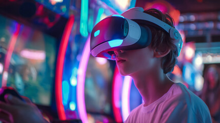Virtual Immersion: Captivating image of a person engrossed in a virtual reality experience, illuminated by vibrant neon lights. The scene is brimming with futuristic wonder and interactive delight.