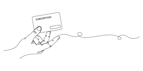 Continuous one line of a hand holding a subscription card, representing easy subscription registration, hand drawn vector illustration.