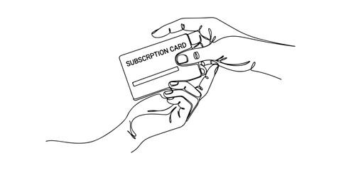 Continuous one line of a hand holding a subscription card, representing easy subscription registration, hand drawn vector illustration.