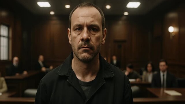 prisoner with handcuffs looks directly at camera, highlighting emotions of fear, regret. man in chains faces forward with solemn expression. consequences of crime and justice system. shows his palms.