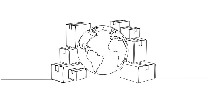 Continuous one line of a globe surrounded by subscription boxes, representing international subscription services, hand drawn vector illustration.
