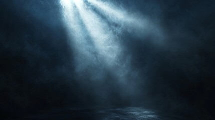 Fototapeta premium Dramatic Sun Rays Piercing Dark Foggy Atmosphere Over Calm Water