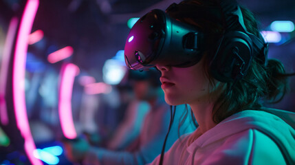 Immersive Virtual Experience: A focused individual is fully immersed in a virtual reality environment, their senses engaged by the technological spectacle surrounding them, the future of interaction.