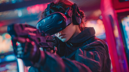  Immersive Gaming: A young individual, fully immersed in the world of virtual reality, wields a futuristic game controller, their focused gaze reflecting the thrill of the digital realm.  