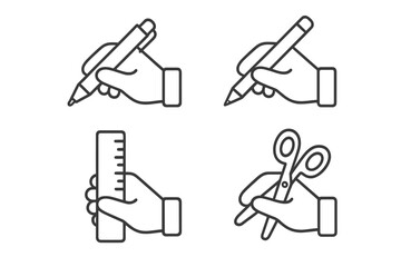 Set of four hand icons with writing and measuring tools