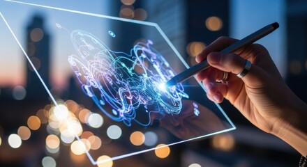 Futuristic digital interface interaction with stylus and abstract data visualization