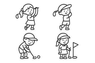 Naklejka premium Four cartoon children playing golf