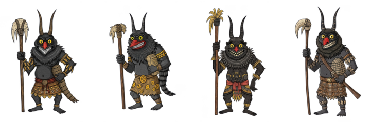 Set of mysterious dark underworld deity characters with horns and ceremonial staves, png and oil paint.