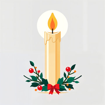 Christmas candle with holly decoration isolated on white