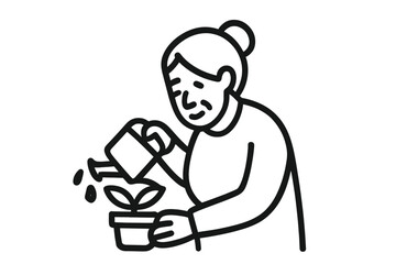 Elderly woman watering a plant