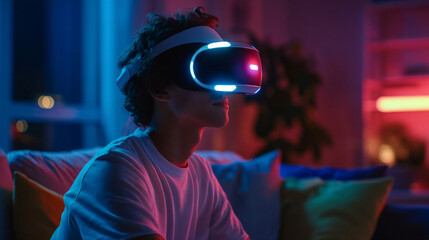Immersive Reality: A person wearing a virtual reality headset in a softly illuminated room, engrossed in a world of digital exploration.