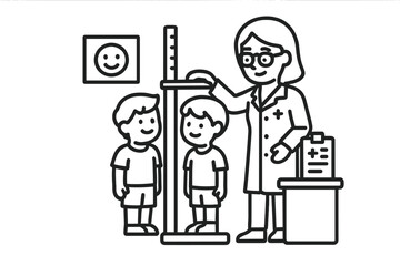 Doctor measuring height of two children