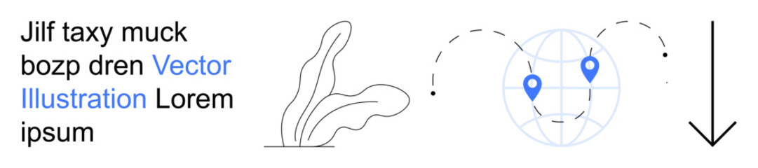 Navigation, global communication, direction, wayfinding, geographic tracking, digital mapping. Minimalist globe with map pins and arrow. Navigation and global communication concept © robu_s