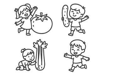 Children with Healthy Food - Line Art