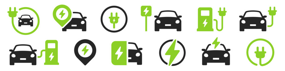 Electric car charging icon set. EV station, plug, socket, hybrid car, green electric car with plug symbol on white background - stock vector.