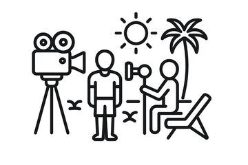 Filming a tropical beach scene with two people and a palm tree