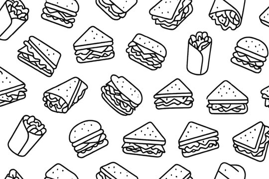 Seamless pattern of hand-drawn sandwiches and burritos on a dark gray background