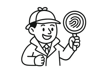 Cartoon detective with magnifying glass and fingerprint