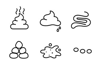 Six stylized icons representing different forms of excrement
