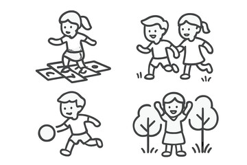 Four cartoon children playing different outdoor games