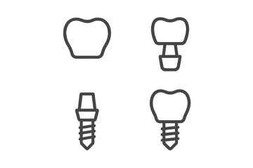 Dental implants and crowns outline icons