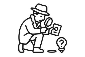 Detective examining evidence with magnifying glass and light bulb