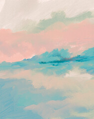 Impressionistic Landscape in oft Pastels of Trees and Grass on Hillside under Clouds in the Misty Foggy Sky-Digital Art, Illustration, Design, Artwork, Painting-in Soft Pink, Aqua, Teal, & Gold