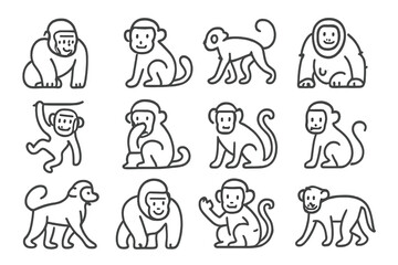 Set of twelve stylized monkey illustrations with neon glow on a dark background. © Andrei