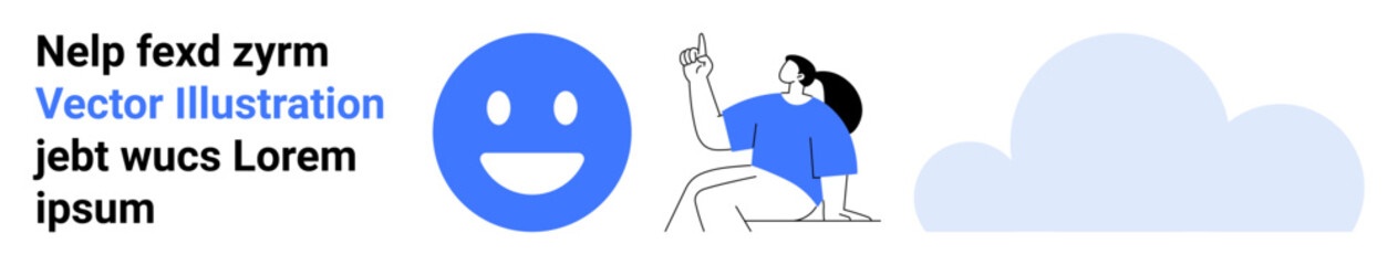 Emotion expression, creative communication, digital illustration, brand messaging, positivity, lifestyle. Features a large happy face, person gesturing and cloud icon. Emotion expression