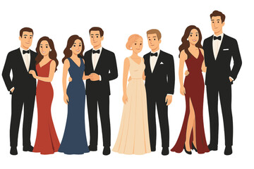 Couples in formal attire posing on a dark background