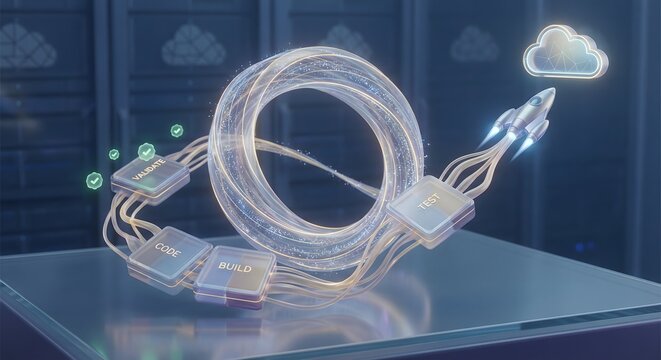 Software development lifecycle concept with rocket launch to cloud computing, digital transformation.